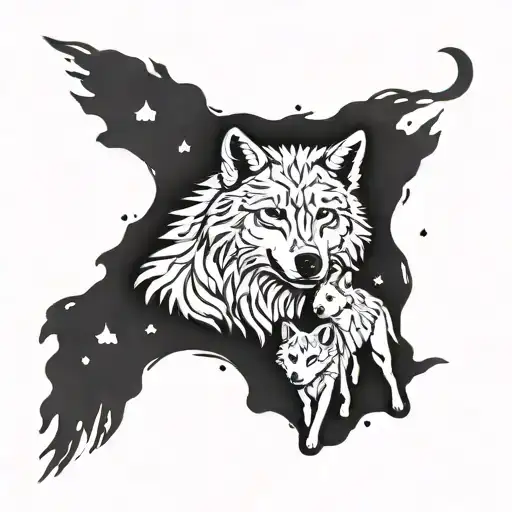 A mystical forest scene with a majestic alpha wolf leading two adorable wolf pups under the moonlight tattoo design idea
