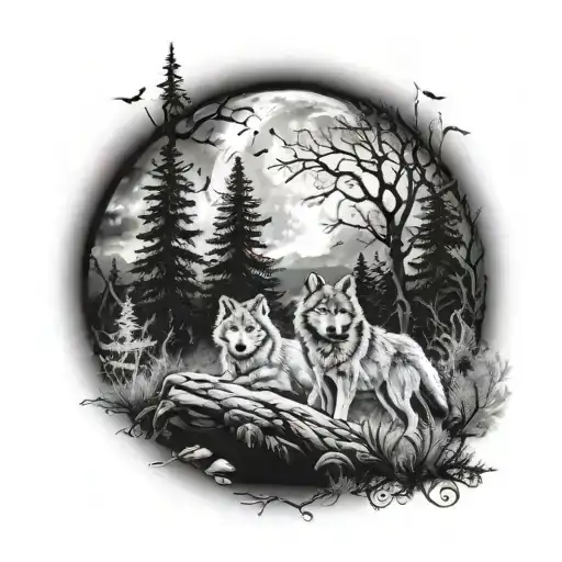 A mystical forest scene with a majestic alpha wolf leading two adorable wolf pups under the moonlight tattoo design idea
