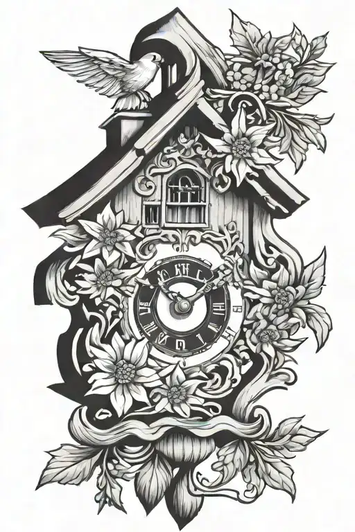 simple German cuckoo clock with edelweiss flowers intertwined tattoo design idea