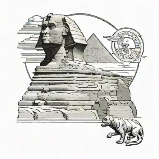 The statue of the Great Sphinx of Giza centered sitting in front of the Great Pyramids of Giza in the background.  tattoo design idea