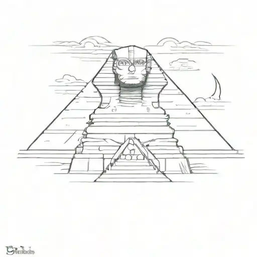 The statue of the Great Sphinx of Giza centered sitting in front of the Great Pyramids of Giza in the background.  tattoo design idea