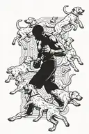 A fierce kick boxer with a partially paralysed left leg, surrounded by a pack of dogs tattoo design idea