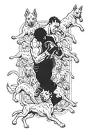 A fierce kick boxer with a partially paralysed left leg, surrounded by a pack of dogs tattoo design idea