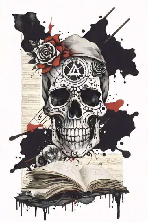 Voodoo skull and book pages tattoo design idea