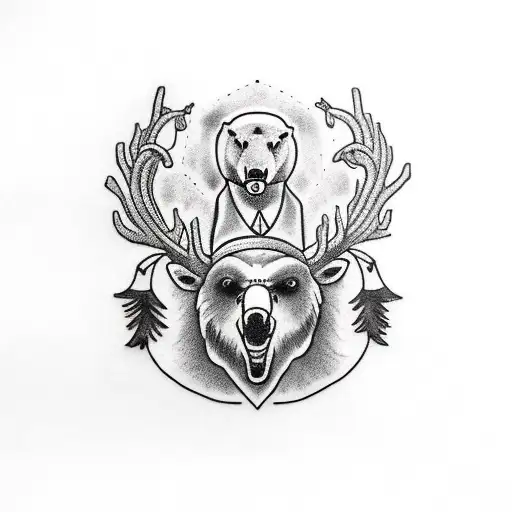 three animal heads on top of each other. on top a raven, in the middle a bear, on the bottom a deer tattoo design idea