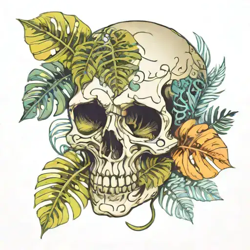 skull with monstera leaf intertwined tattoo design idea