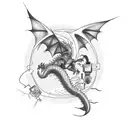 An electrician riding a dragon while fixing power lines in space tattoo design idea