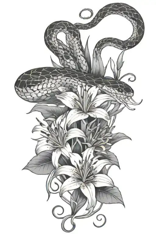 Snake and red spider lillies thigh tattoo tattoo design idea