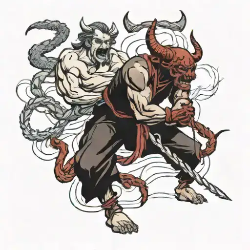 god and devil tug of war scene tattoo design idea