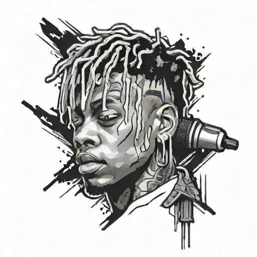 Create a portrait tattoo of Juice WRLD with a microphone in hand, paying tribute to the favorite artist and music inspiration tattoo design idea