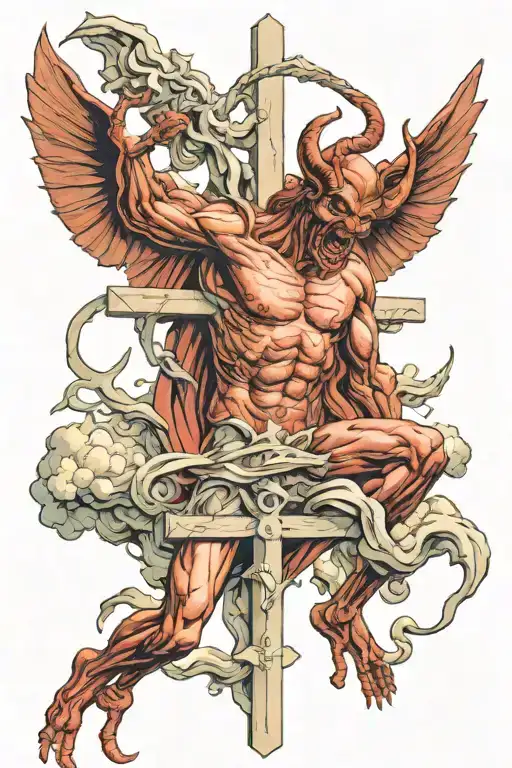 devil knocking god down from heaven with god cross tattoo design idea