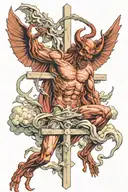 devil knocking god down from heaven with god cross tattoo design idea