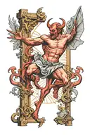 devil knocking god down from heaven with god cross tattoo design idea