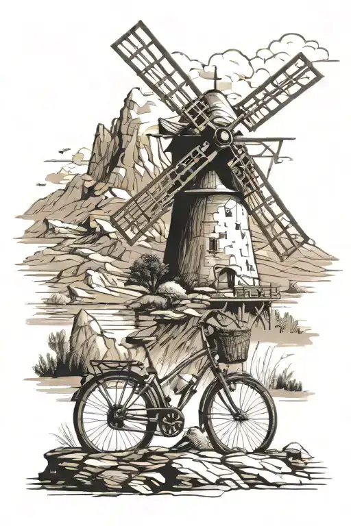 windmill mountains and a bike  tattoo design idea
