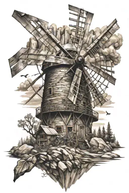 windmill, rocky mountains and mountain bike tattoo design idea