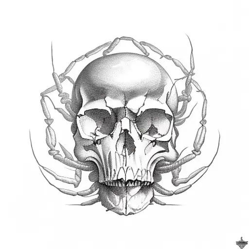 A surreal composition featuring a scorpion and a skull intertwined, with a dark and mysterious atmosphere reminiscent of heavy metal album covers. tattoo design idea
