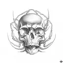 A surreal composition featuring a scorpion and a skull intertwined, with a dark and mysterious atmosphere reminiscent of heavy metal album covers. tattoo design idea