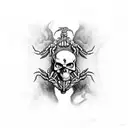 A surreal composition featuring a scorpion and a skull intertwined, with a dark and mysterious atmosphere reminiscent of heavy metal album covers. tattoo design idea