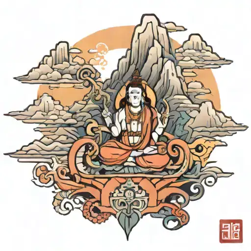 Navkar mantra integrated within kailash mountain scene tattoo design idea