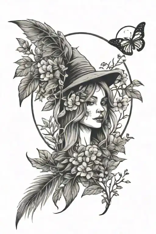 witch broom, plants, moon, moth, herbs, flowers, cottagecore tattoo design idea