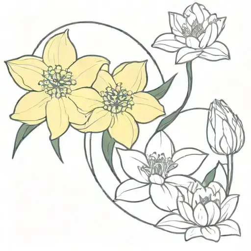 Buttercup, narcissus, and water lily intertwined symbolizing the client's love tattoo design idea