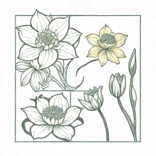 Buttercup, narcissus, and water lily intertwined representing the client's tattoo design idea