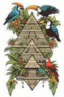 maya pyramid with jungle an a tucan bird wearing headphones tattoo design idea