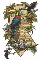 maya pyramid with jungle an a tucan bird wearing headphones tattoo design idea