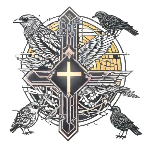 cross sunrise three birds tattoo design idea