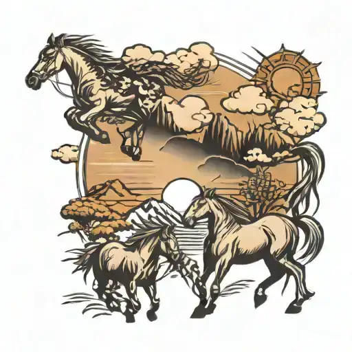 rising sun with clouds surrounding it with mountains and a wheat field and horses tattoo design idea