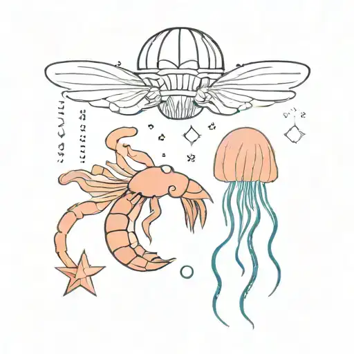 shrimp with mimosa crown and jellyfish with begonia crown making bubbles in the shape of stars and crabs tattoo design idea
