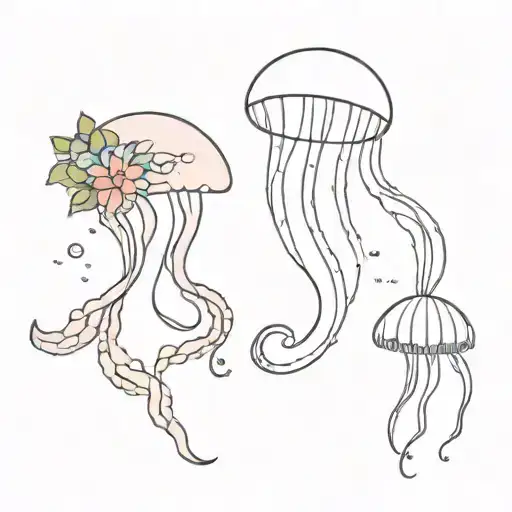 a shrimp with a mimosa flower crown and a jellyfish with a begonia flower crown blowing bubbles tattoo design idea