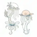 shrimp with mimosa crown and jellyfish with Begonia pot making bubbles in the shape of stars and crabs tattoo design idea