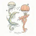 shrimp with mimosa crown and jellyfish with Begonia pot making bubbles in the shape of stars and crabs tattoo design idea
