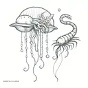 shrimp with mimosa crown and jellyfish with begonia crown making bubbles in the shape of stars and crabs tattoo design idea
