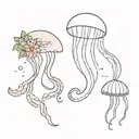 a shrimp with a mimosa flower crown and a jellyfish with a begonia flower crown blowing bubbles tattoo design idea