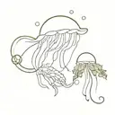 a shrimp with a mimosa flower crown and a jellyfish with a begonia flower crown blowing bubbles tattoo design idea