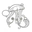 a shrimp with a mimosa flower crown and a jellyfish with a begonia flower crown blowing bubbles tattoo design idea