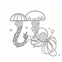 a shrimp with a mimosa flower crown and a jellyfish with a begonia flower crown blowing bubbles tattoo design idea