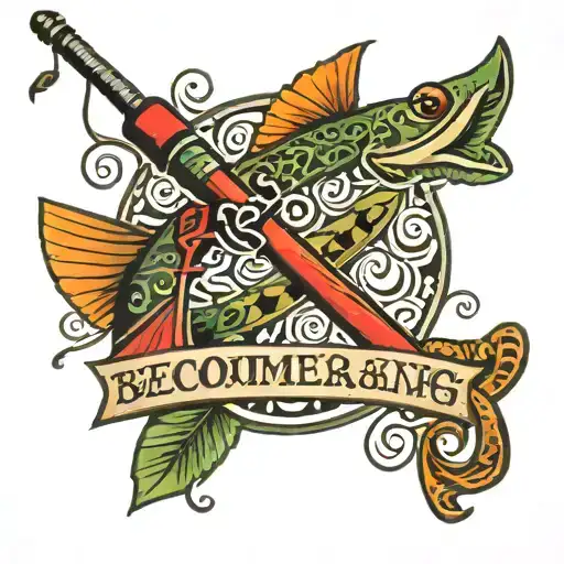 fishing rod with the word boomerang beside it tattoo design idea