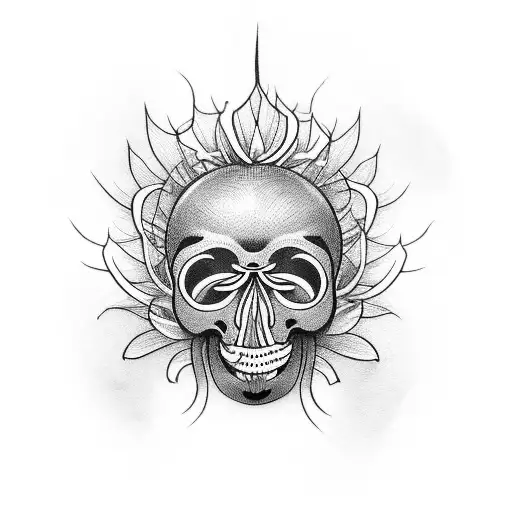 japanese spider lily flower grows out of skull, skull with crown tattoo design idea