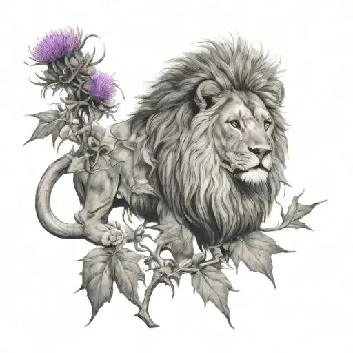 lion and scottish thistles tattoo design idea