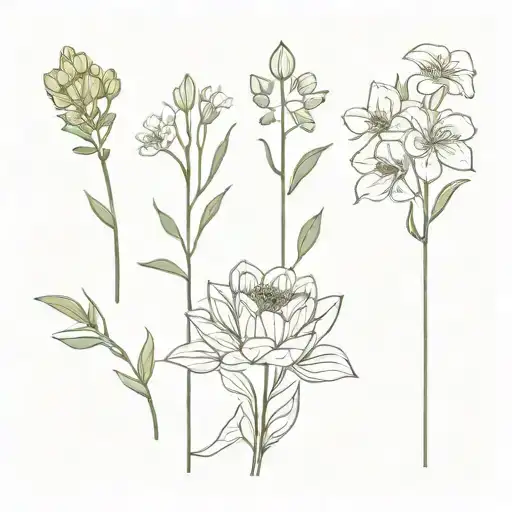 march, April, July, December birth flower bouquet, with stem tattoo design idea