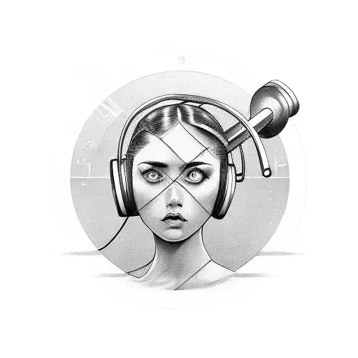 Portrait of your sister with a barbell and musical instruments in the background tattoo design idea