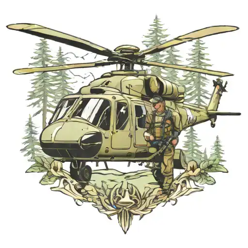 A neotraditional tattoo of a blackhawk helicopter mechanic working on a helicopter in a forest setting tattoo design idea