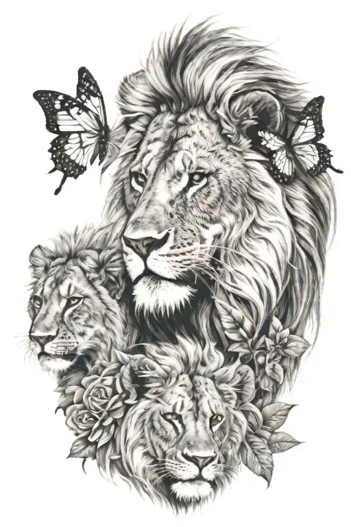 male lion with 2 cubs and a butterfly tattoo design idea