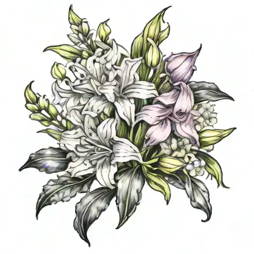 flowers intertwined, Aster,  Lilly of the valley,  gladiolus, Narcissus tattoo design idea
