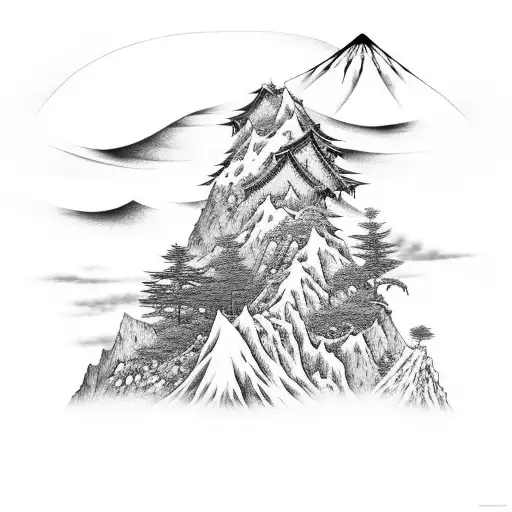 A Japanese-style mountain landscape with a hidden hiking trail tattoo design idea