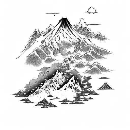 A Japanese-style mountain landscape with a hidden hiking trail tattoo design idea