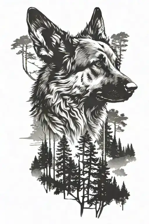 german shepherd silhouette standing watch in pnw forest tattoo design idea
